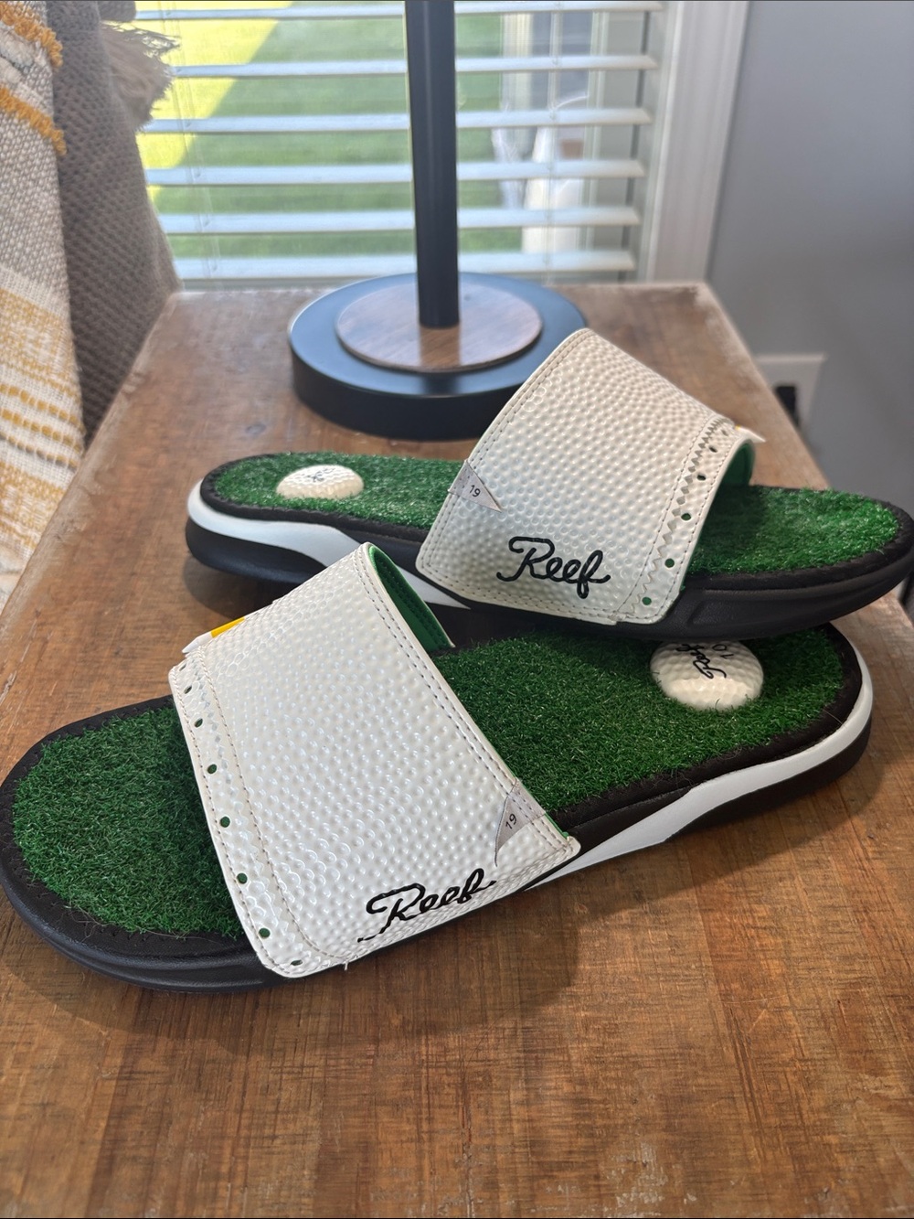 Reef Men’s White Slides with Green Turf Footbed